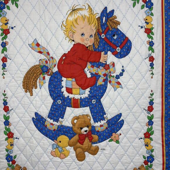 Baby Boy European Swedish Inspired Rocking Horse Nursery Quilt - Picture 2 of 6